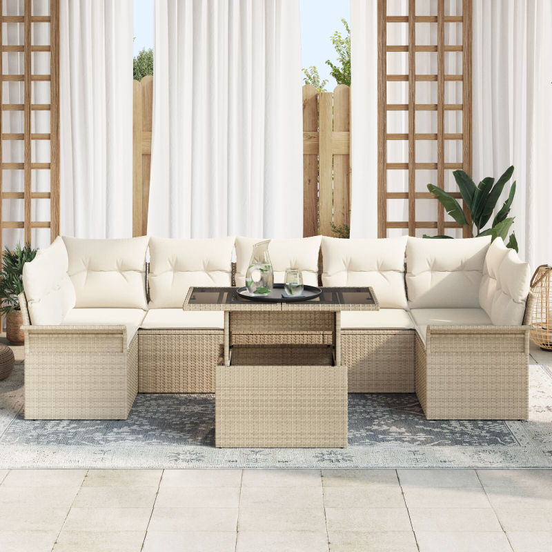 8-teiliges Garten Sofa Set mit Kissen Beige Poly Rattan