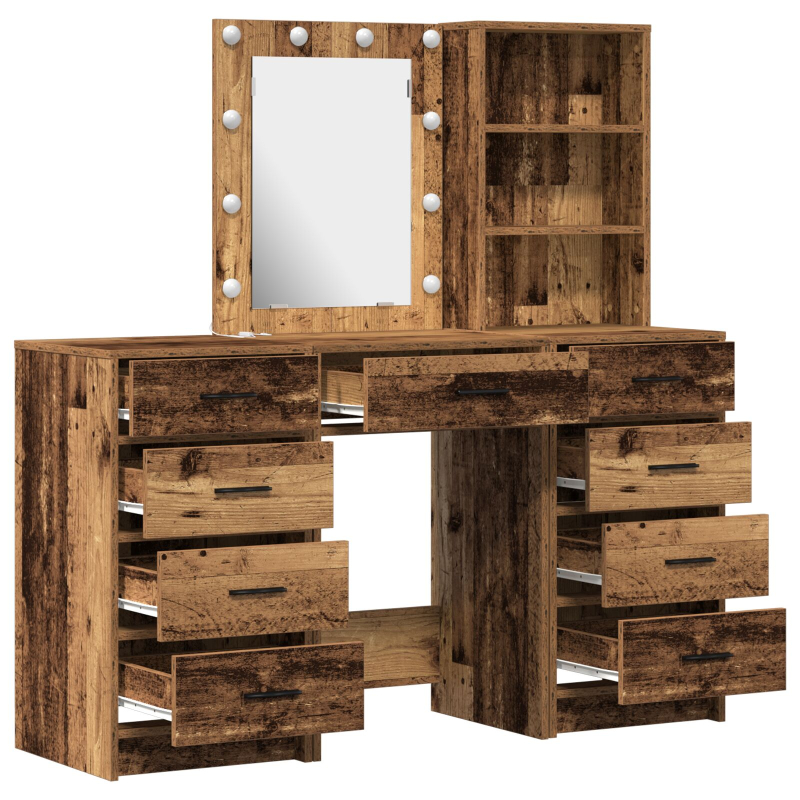 3-teiliges Frisiertisch Set mit LED im alten Holzfinish