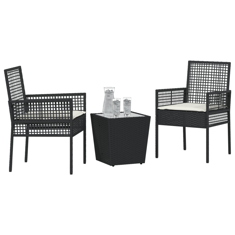 3-teiliges Garten-Bistroset mit Kissen Schwarz Poly Rattan
