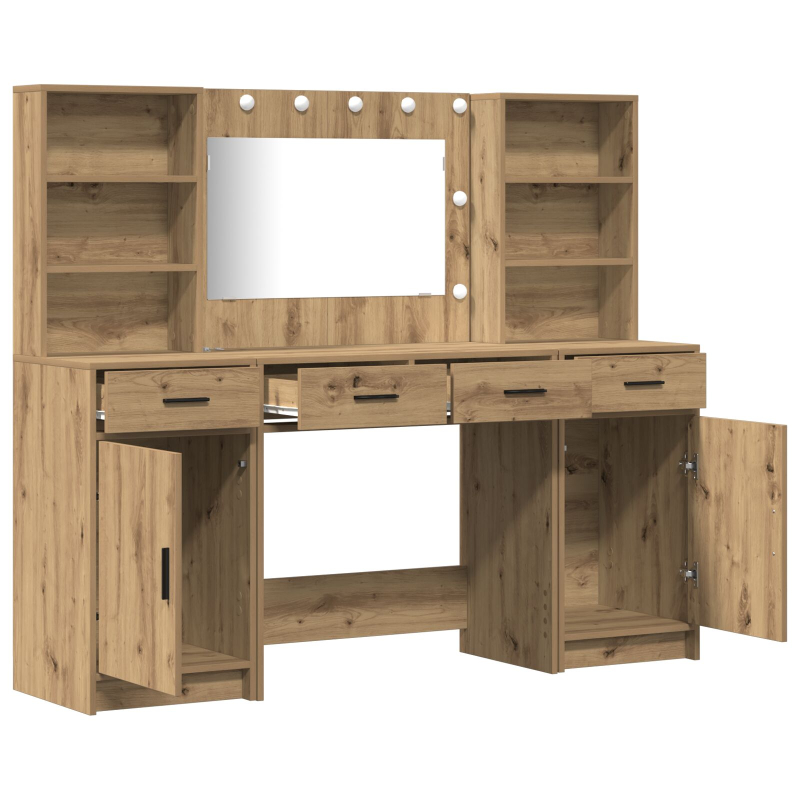 3-teiliges Schminktisch-Set aus Kunstleder mit Artisan-Eiche