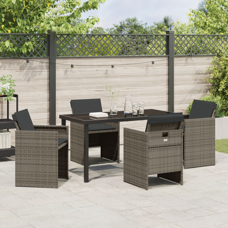 5-teiliges Garten-Essgruppen-Set mit Kissen Grau Poly Rattan