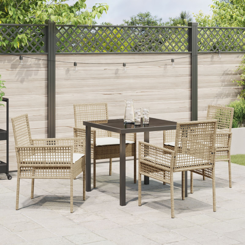 5-teiliges Garten Esszimmerset mit Kissen in Beige aus Poly Rattan