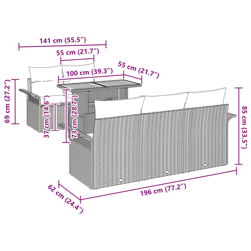 6-Teiliges Garten Sofa Set mit Kissen Beige Poly Rattan Akazie