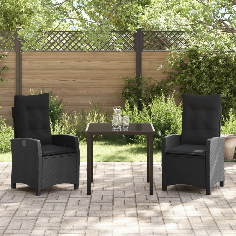 3-teiliges Garten-Dining-Set mit Kissen Schwarz Poly Rattan