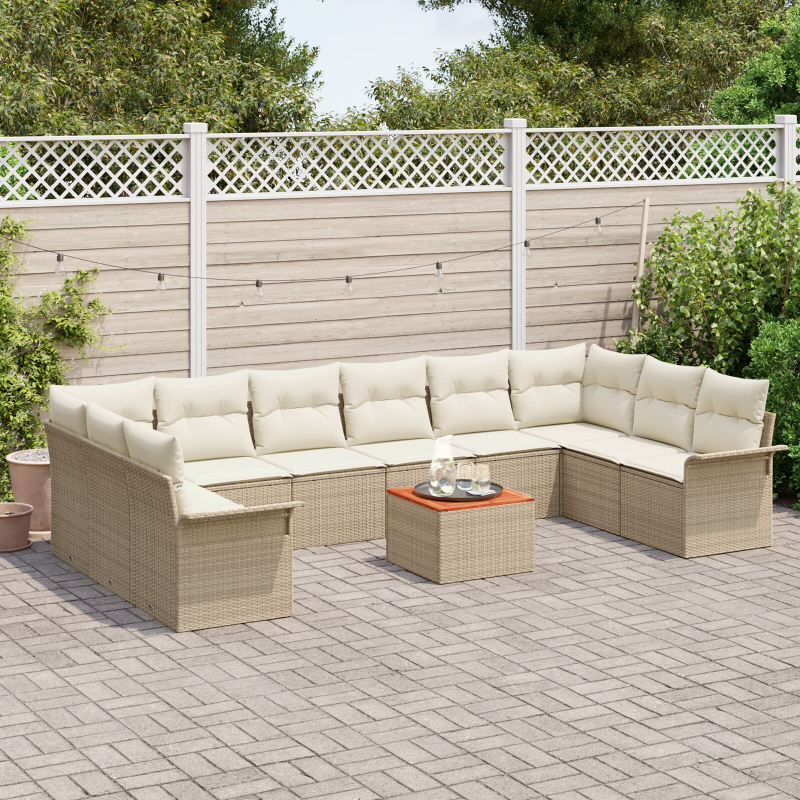 11-teiliges Garten Sofa Set mit Kissen Beige Poly Rattan Akazie