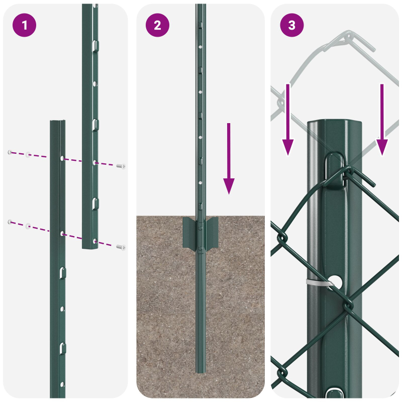 Kettenzaun mit 10 U-Stützen Grün 1,6x10 m Stahl