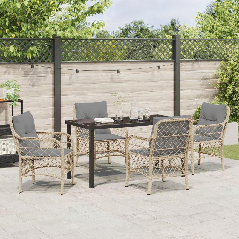 5-teiliges Garten-Essgruppen-Set mit Kissen Beige Poly Rattan