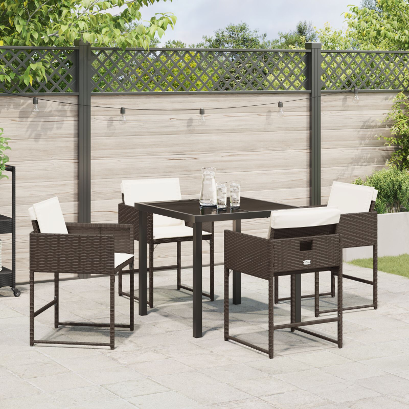 5-teiliges Garten-Esszimmer-Set mit Kissen aus braunem Poly-Rattan