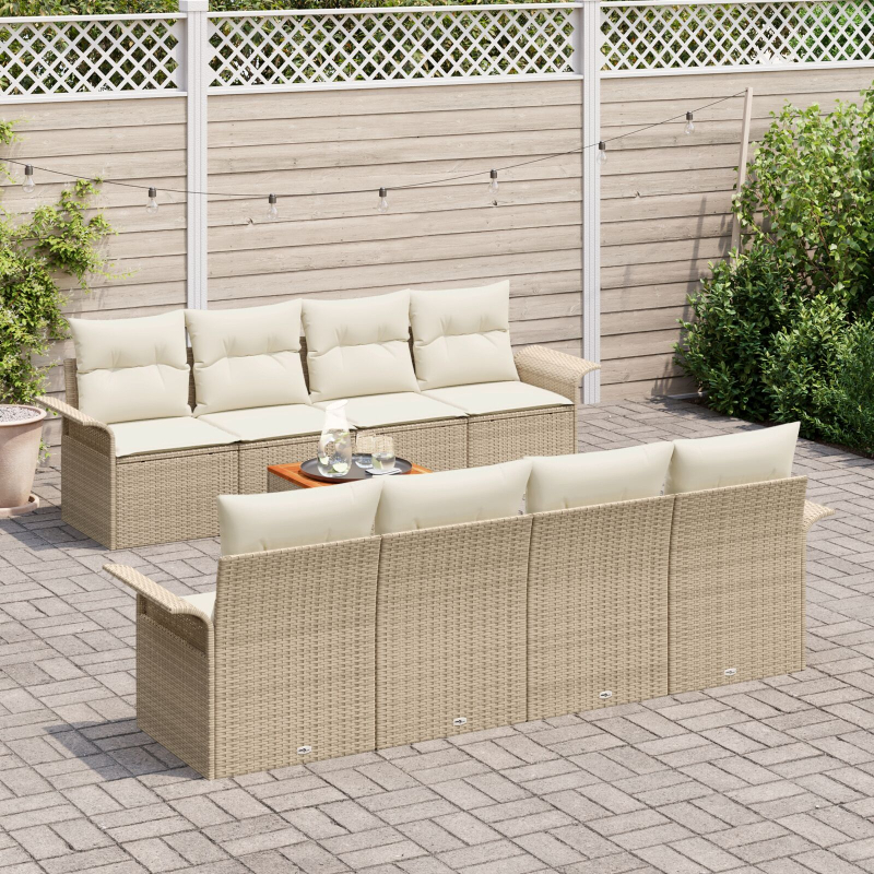 9-teiliges Garten Sofa Set mit Kissen Beige Poly Rattan Akazie