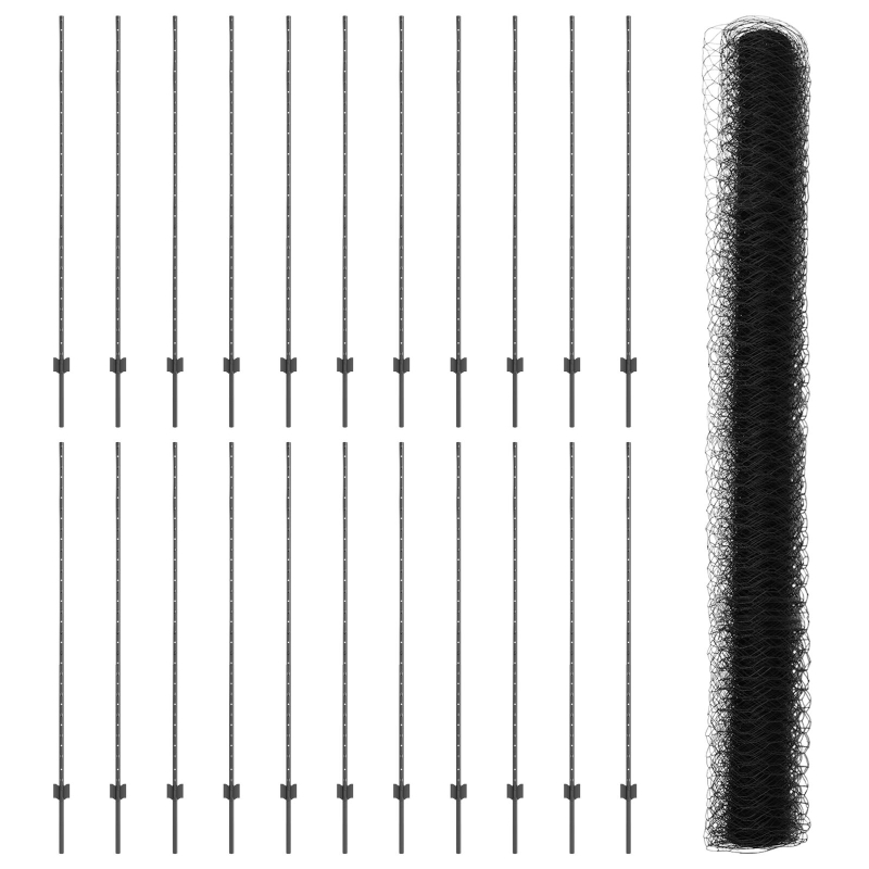 Zaunpfosten 22 Stück U-Kanal Grau 150 cm Stahl, Sechseckzaun Grau 1.5x50 m Stahl