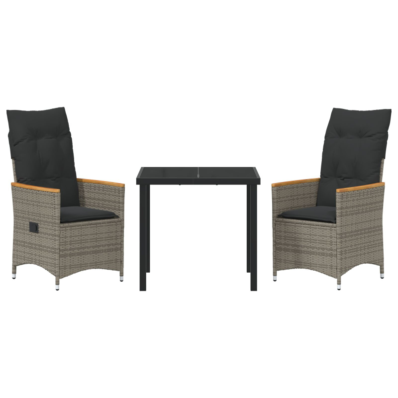 3-teiliges Garten-Ess-Set mit Kissen in Grau und Poly-Rattan