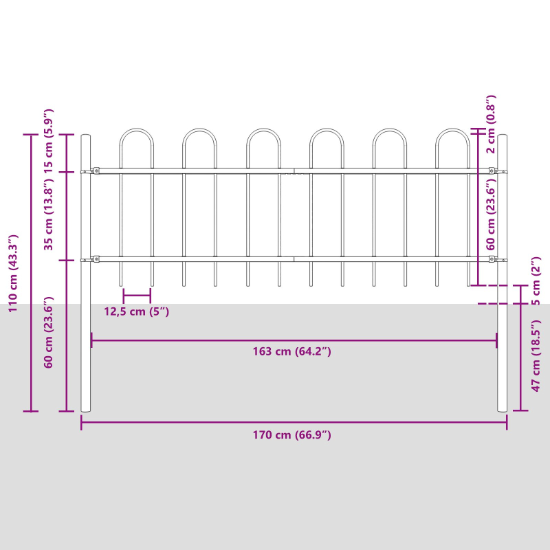 Gartenzaun mit Rundbogen oben, grau, 11,9x0,6 m, aus Stahl