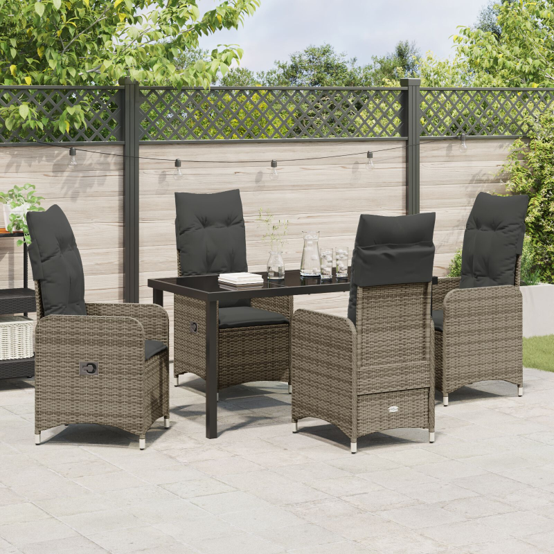 5-teiliges Garten-Ess-Set mit Kissen in Grau aus Poly-Rattan