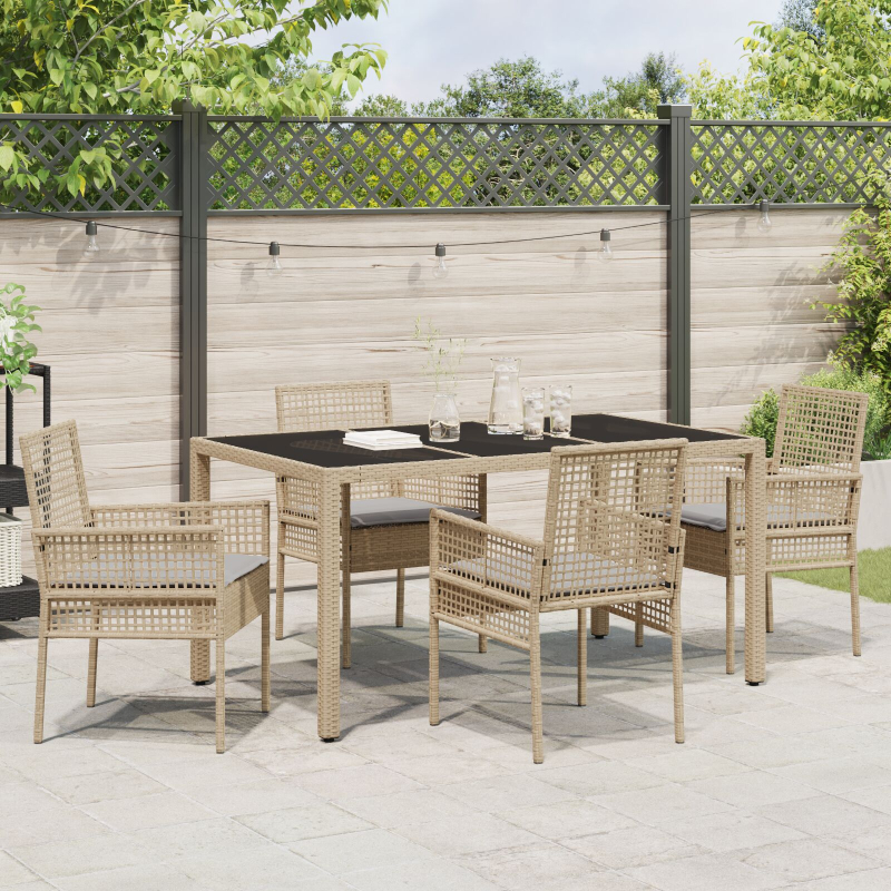 5-teilige Garten-Essgruppe mit Kissen Beige Poly Rattan