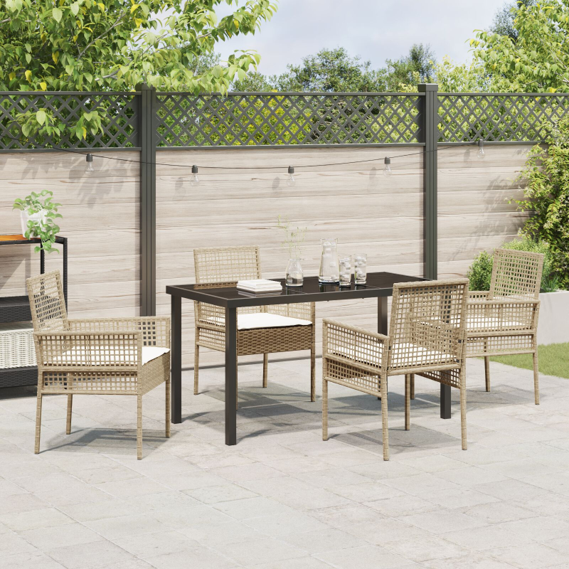 5-teiliges Garten Esszimmer Set mit Kissen Beige Poly Rattan
