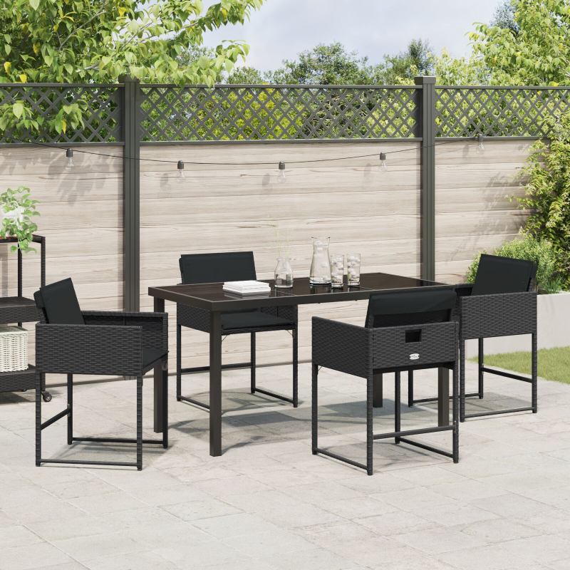 5-teilige Garten-Essgruppe mit Kissen Schwarz Poly Rattan