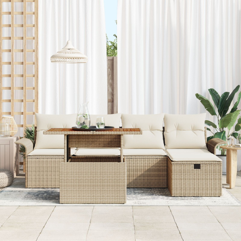 6-teiliges Garten-Sofa-Set mit Kissen Beige Poly Rattan