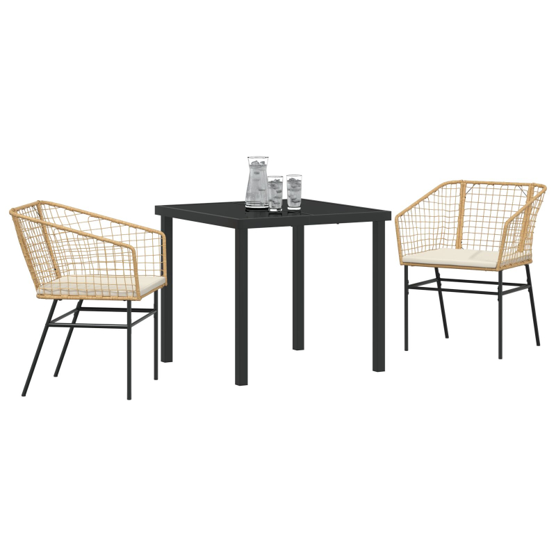 3-teiliges Garten-Essset mit Kissen Braun Poly-Rattan