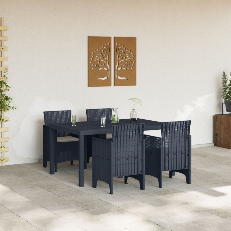 5-teiliges Garten Essgruppe mit Kissen Anthrazit Poly Rattan