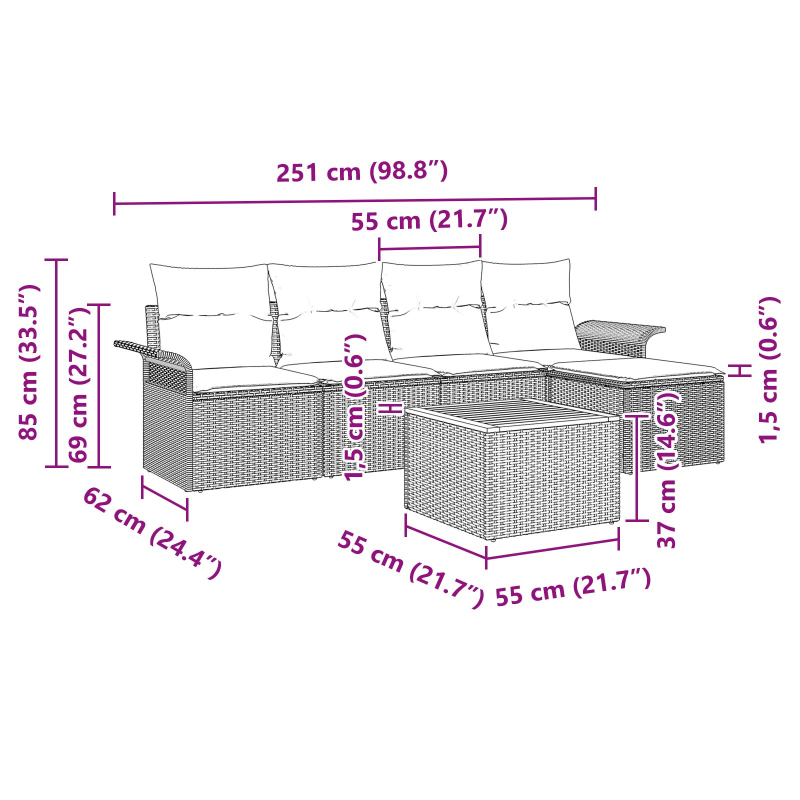 6-teiliges Garten-Sofa-Set mit Kissen Beige Poly Rattan Akazie