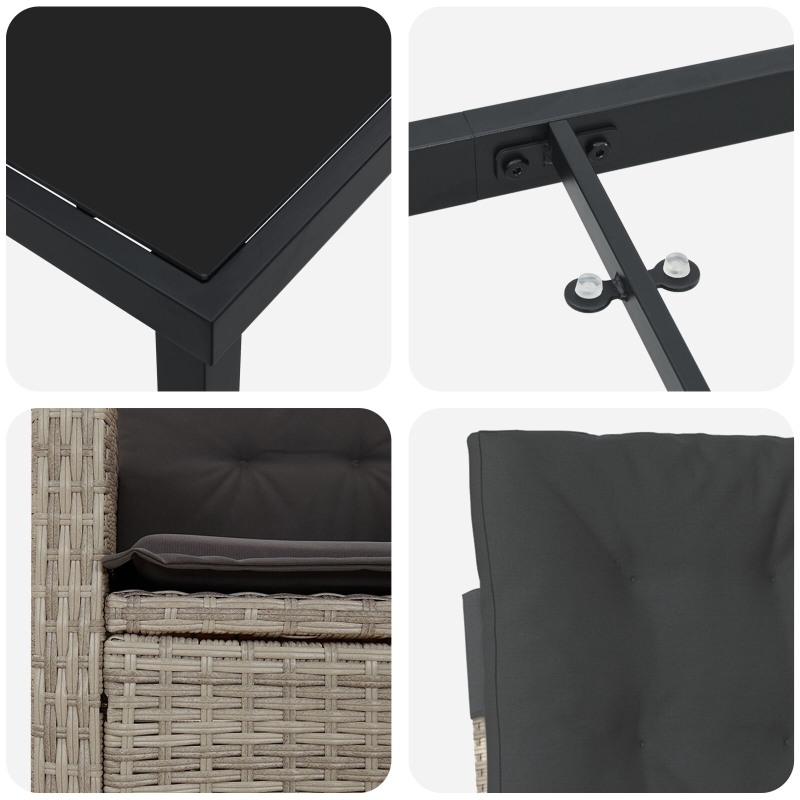 3-teiliges Garten-Dining-Set mit Kissen in hellgrauem Poly-Rattan