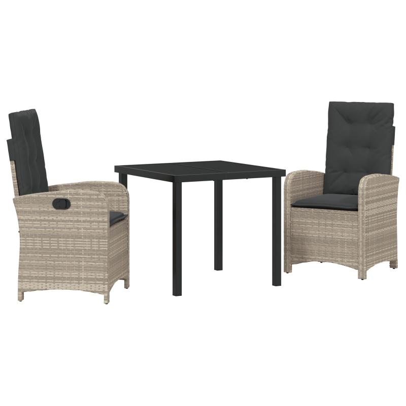 3-teiliges Garten-Dining-Set mit Kissen in hellgrauem Poly-Rattan
