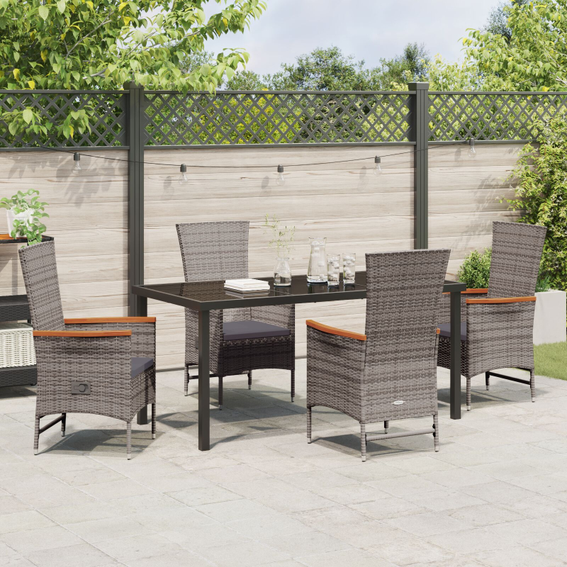5-teiliges Garten-Dining-Set mit Kissen Grau Poly-Rattan