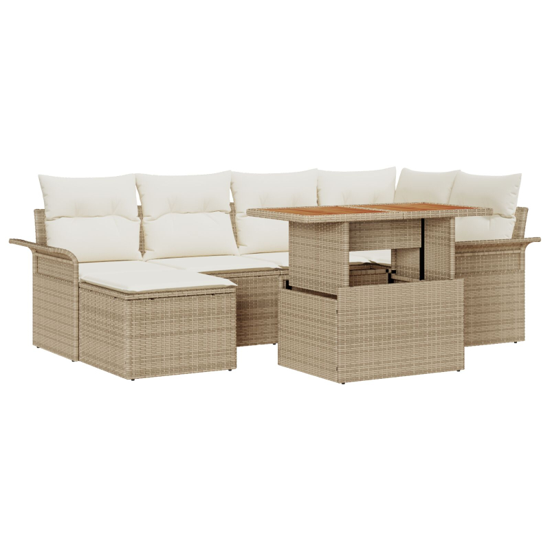 7-teiliges Garten-Esszimmer-Set mit Kissen, Beige Poly Rattan Akazie