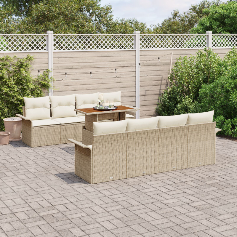 9-teiliges Garten Sofa Set mit Kissen Beige Poly Rattan Akazie