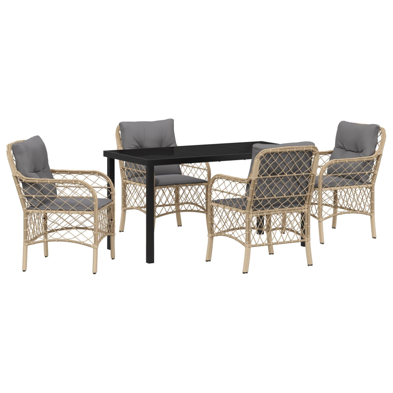 5-teiliges Garten-Essgruppen-Set mit Kissen Beige Poly Rattan