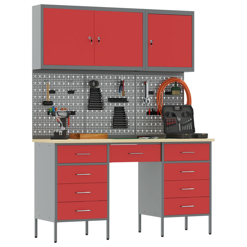8-teiliges Werkstattschrank- und Pegboard-Set in Rot aus MDF und Metall