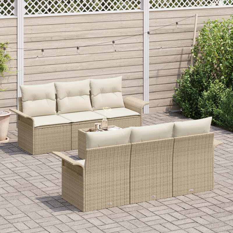 7-teiliges Gartensofa Set mit Kissen Beige Poly Rattan
