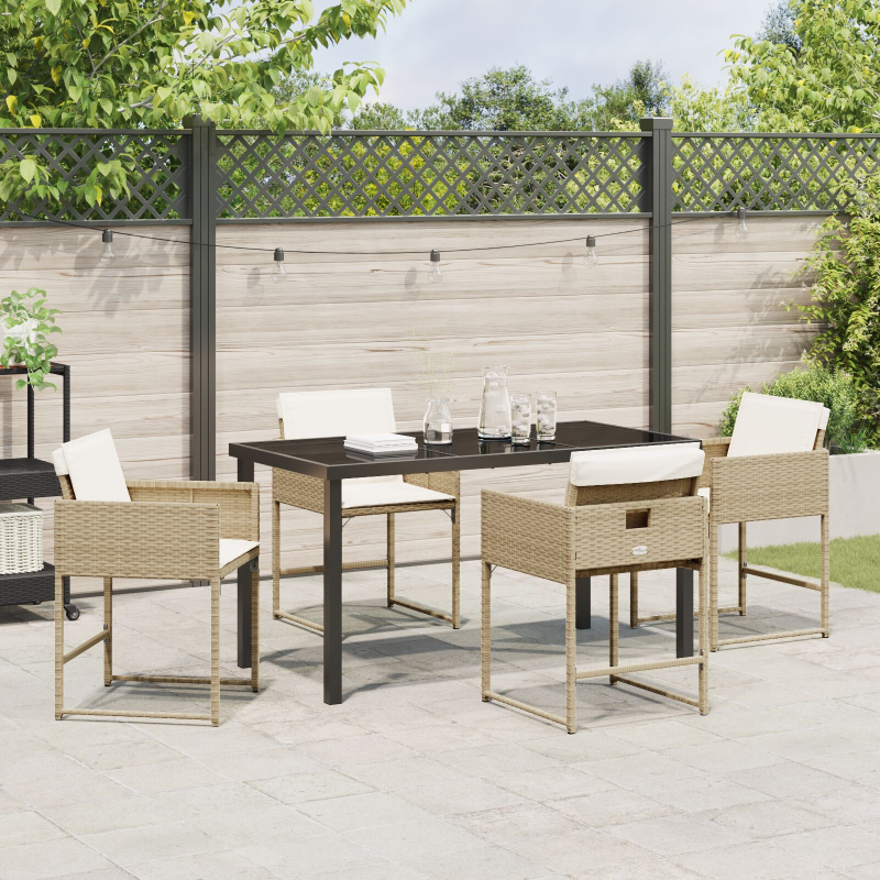 5-teiliges Garten Esszimmer Set mit Kissen Beige Poly Rattan