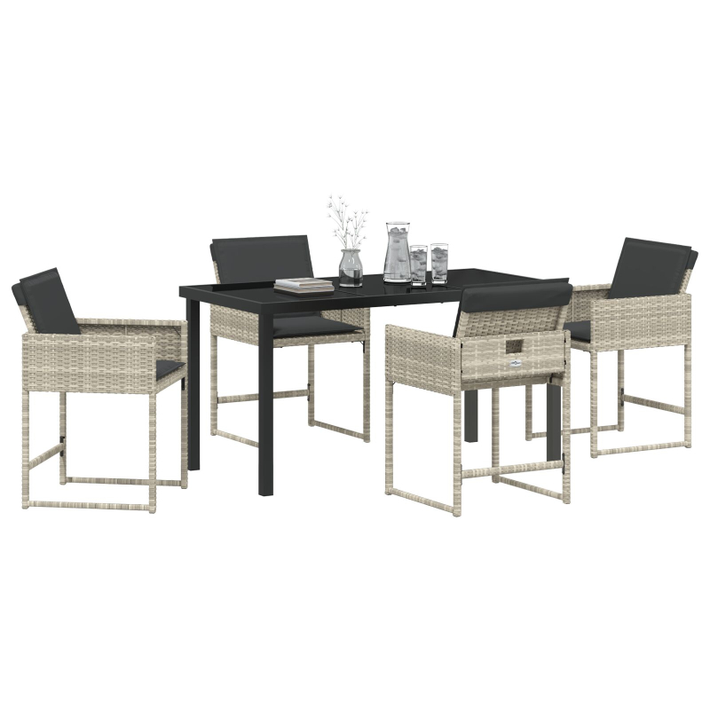 5-teiliges Garten-Dining-Set mit Kissen in Hellgrau aus Poly-Rattan