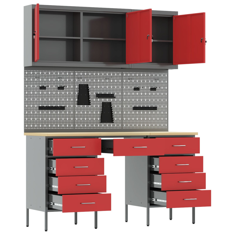 8-teiliges Werkstattschrank- und Pegboard-Set in Rot aus MDF und Metall