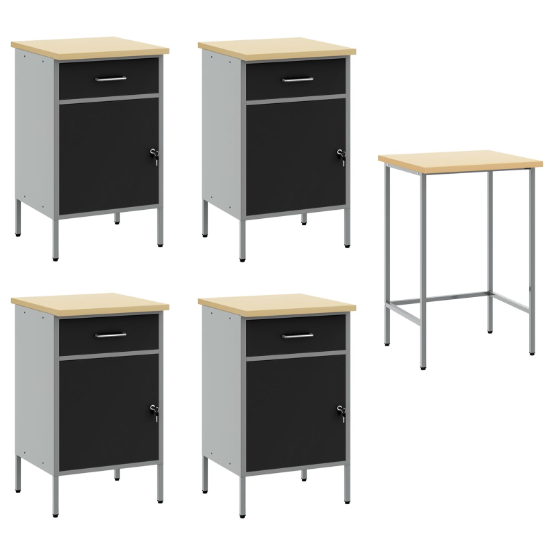 5-teiliges Werkstattschrank- und Tischset in Schwarz aus Holzwerkstoff