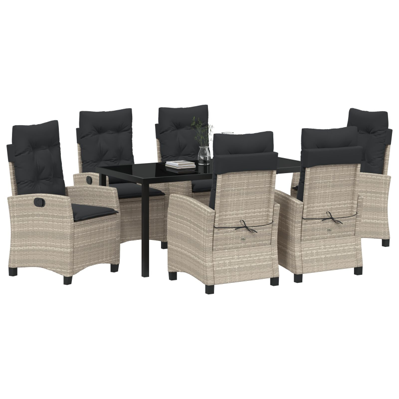 7-teiliges Garten-Dining-Set mit Kissen in Hellgrau Poly Rattan