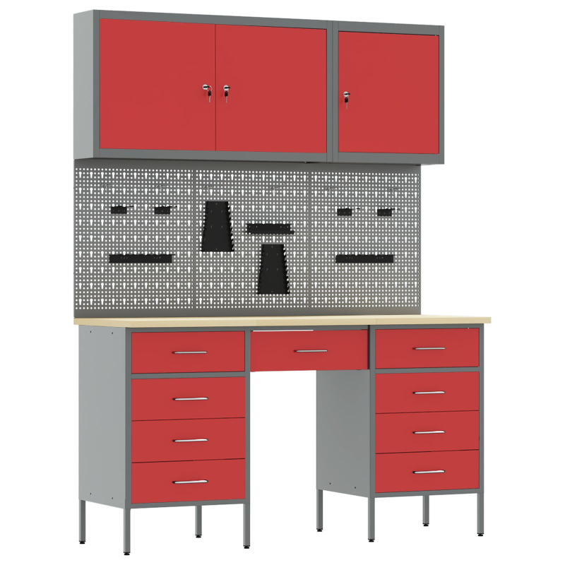 8-teiliges Werkstattschrank- und Pegboard-Set in Rot aus MDF und Metall