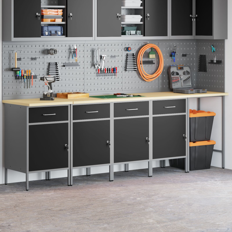 5-teiliges Werkstattschrank- und Tischset in Schwarz aus Holzwerkstoff