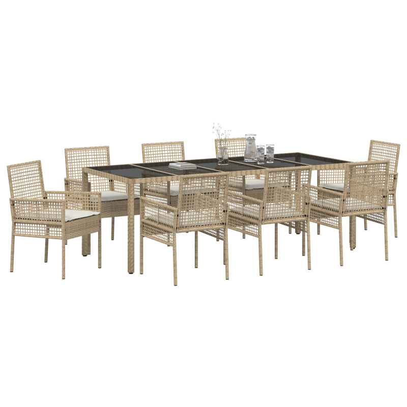 9-teiliges Garten-Esszimmer-Set mit Kissen Beige Poly-Rattan