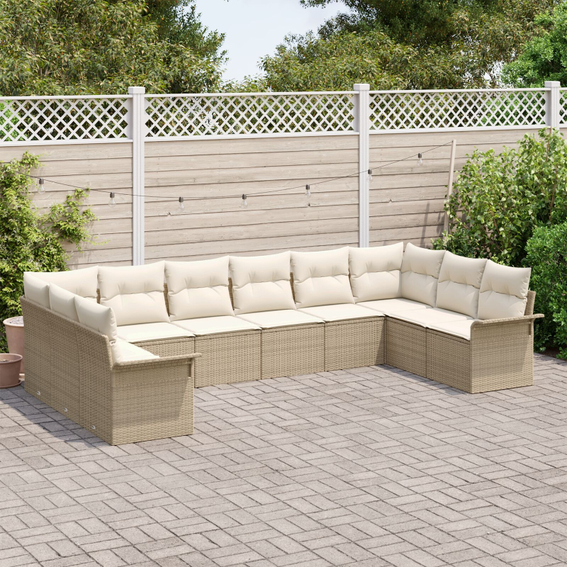 10-teiliges Garten Sofa Set mit Kissen Beige Poly Rattan