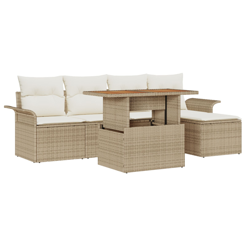 6-teilige Garten Esszimmer Set mit Kissen Beige Poly Rattan Akazie
