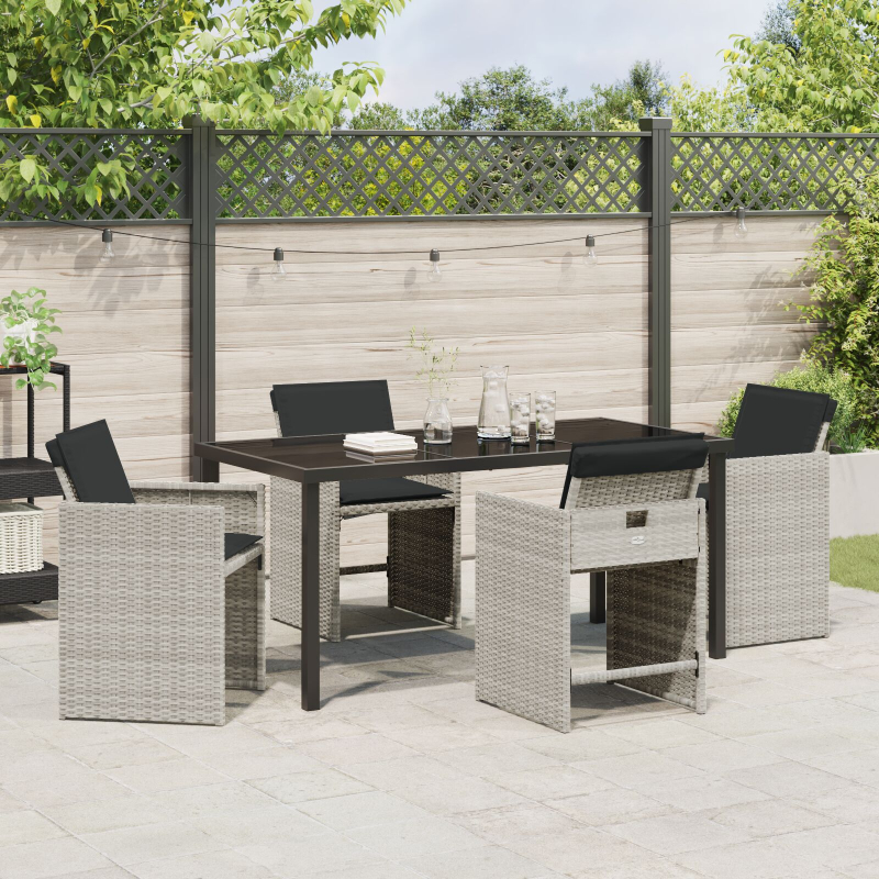 5-teiliges Garten-Esszimmer-Set mit Kissen Hellgrau Poly Rattan