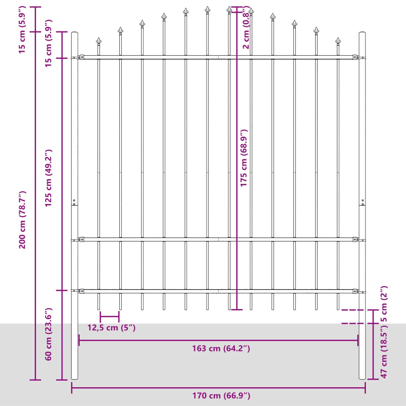 Gartenzaun mit Bogenoberteil Grau 11,9 x 1,75 m aus Stahl