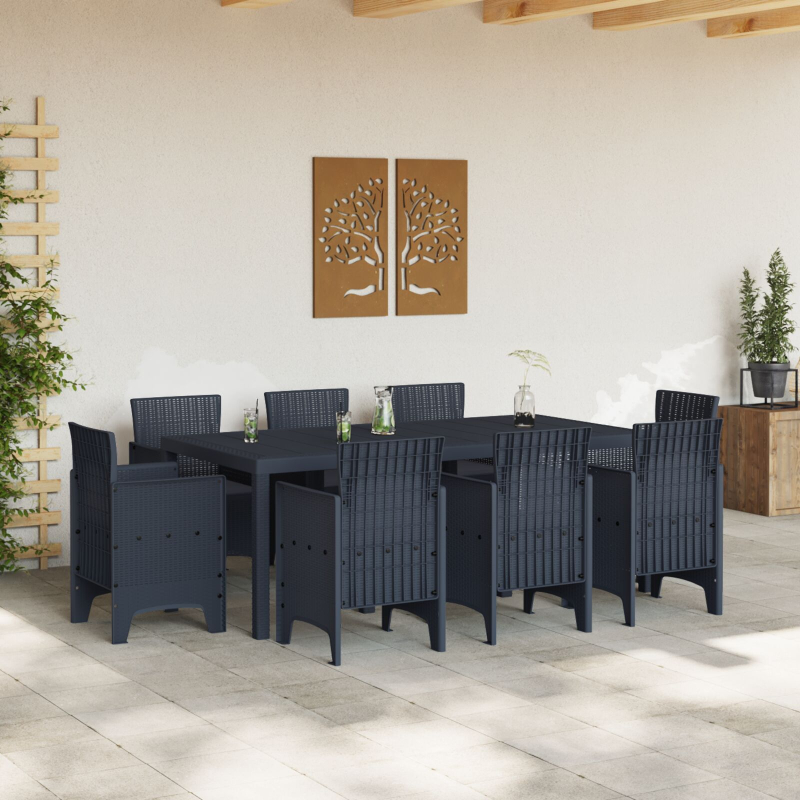 9-teiliges Garten-Essgruppe mit Kissen Anthrazit Poly Rattan