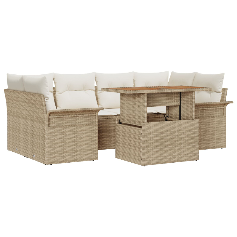 7-teiliges Garten-Sofa-Set mit Kissen Beige Poly Rattan Akazie
