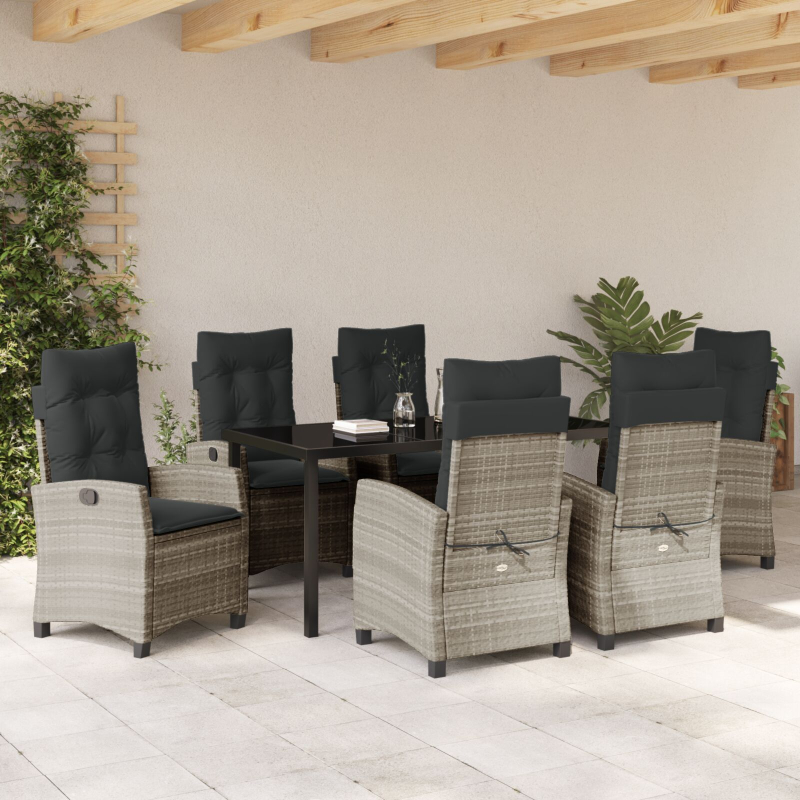 7-teiliges Garten-Dining-Set mit Kissen in Hellgrau Poly Rattan