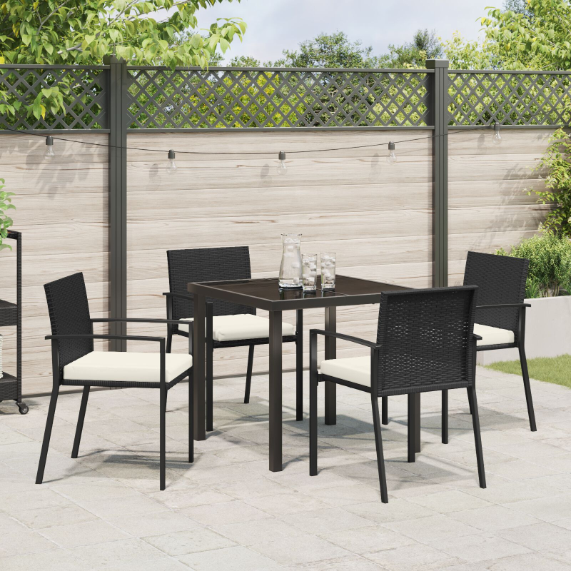 5-teiliges Garten-Esstischset aus schwarzem Poly-Rattan