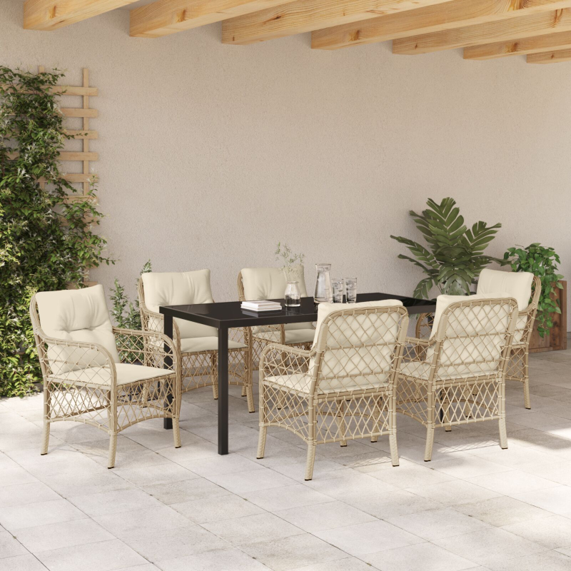 7-teiliges Garten Essgruppe mit Kissen Beige Poly Rattan