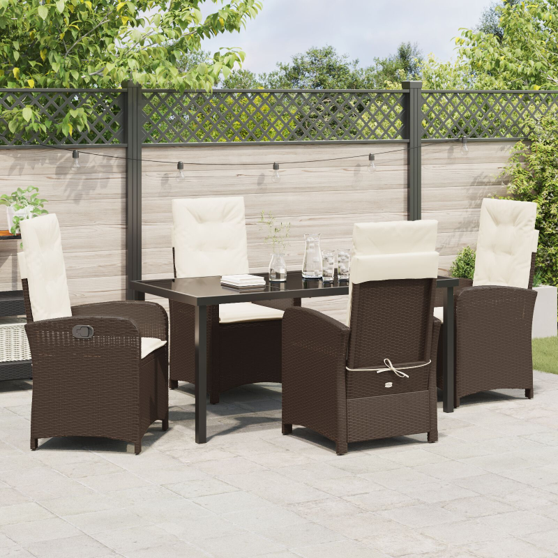 5-teiliges Garten-Ess-Set mit Kissen in Braun aus Poly-Rattan